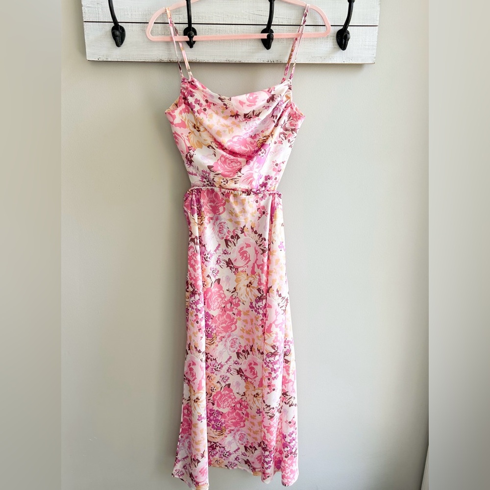 Midi Floral Pink Dress with leg slit and open tie back. (Size S- small/medium)